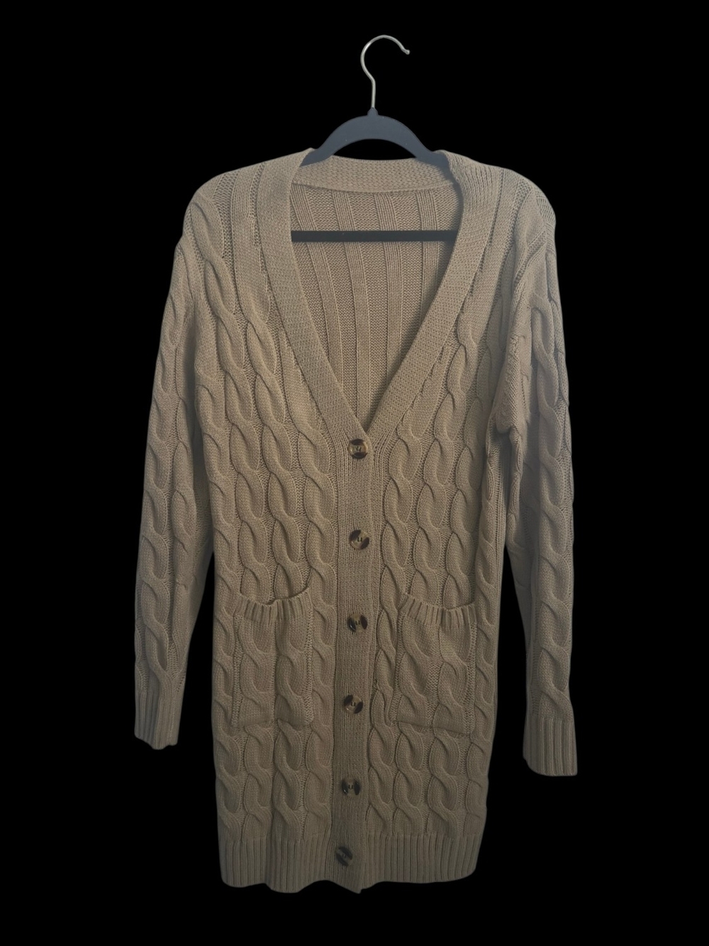 Long Cable-Knit Button Cardigan Sweater